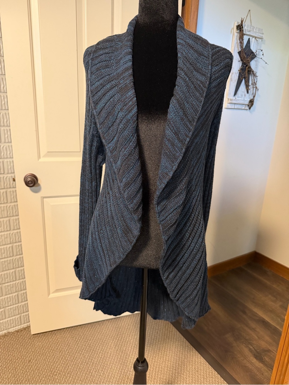 Apt. 9 Open Front Cardigan Medium Navy Ribbed Waterfall Knit Shimmer